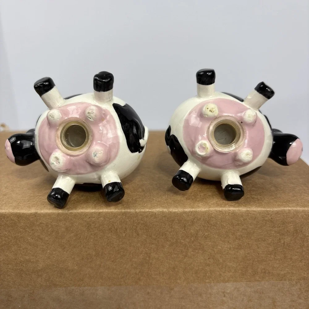 Vintage Spotted Milk Cow Salt & Pepper Shakers Small Black White Novelty Ceramic